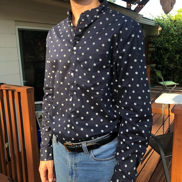Navy blue w white polka dot button down - Picture 1 of 3